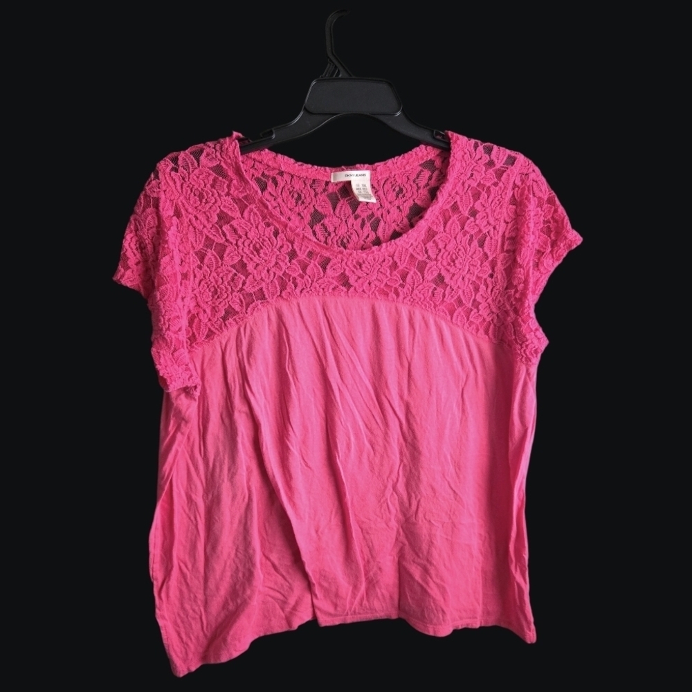4/$15 DKNY Fuchsia Lace Short Sleeve Top Boho Tee Layer Dress Bright - Picture 4 of 6